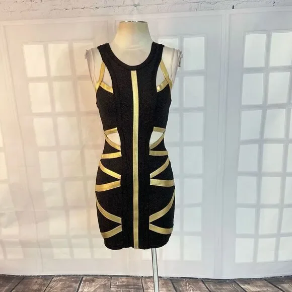 bebe | Dresses | Bebe Addictioncut Out Gold Metallic Bandage Bodycon Black  Mini Dress Size S | Poshmark